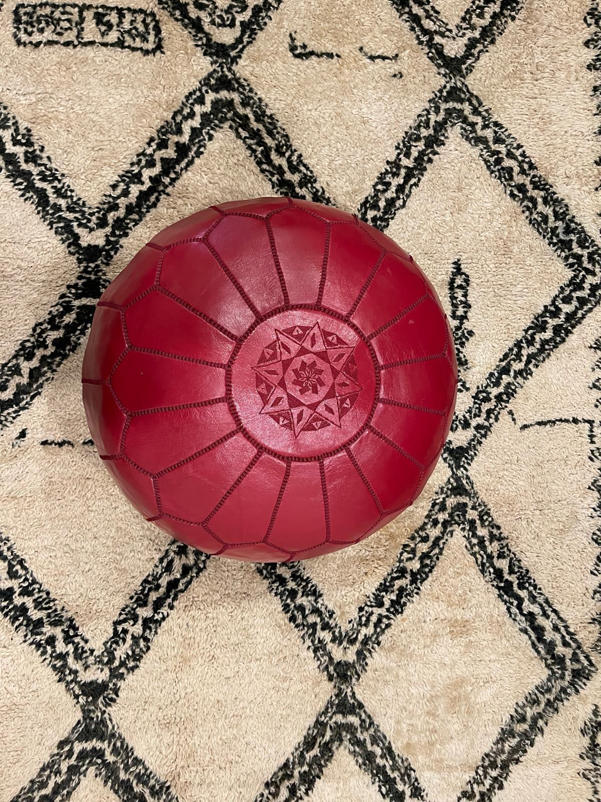Red Moroccan leather pouf